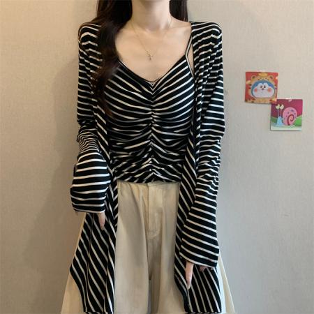 FA41068# 秋季法式复古纯欲撞色条纹假两件修身显瘦长袖T恤上衣 服裝批發女裝批發服飾貨源