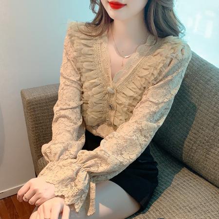FA41070# 秋季新款百搭显瘦V领长袖蕾丝衬衫女上衣内搭打底衫 服裝批發女裝批發服飾貨源