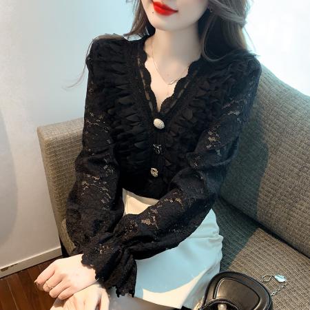 FA41070# 秋季新款百搭显瘦V领长袖蕾丝衬衫女上衣内搭打底衫 服裝批發女裝批發服飾貨源