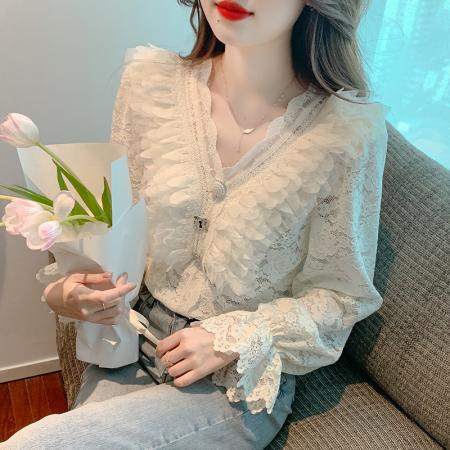 FA41070# 秋季新款百搭显瘦V领长袖蕾丝衬衫女上衣内搭打底衫 服裝批發女裝批發服飾貨源
