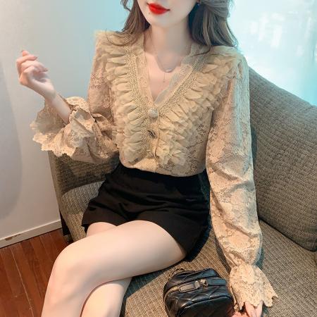 FA41070# 秋季新款百搭显瘦V领长袖蕾丝衬衫女上衣内搭打底衫 服裝批發女裝批發服飾貨源