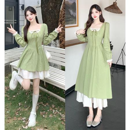 FA41071# 大码秋季新款撞色肌理感裙方领双层裙摆显瘦A字连衣裙 服裝批發女裝批發服飾貨源