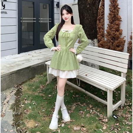 FA41071# 大码秋季新款撞色肌理感裙方领双层裙摆显瘦A字连衣裙 服裝批發女裝批發服飾貨源