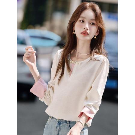 FA41072# 新中式创意盘扣撞色拼接假两件衬衫秋新圆领长袖上衣 服裝批發女裝批發服飾貨源