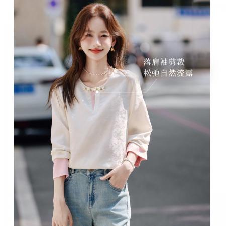 FA41072# 新中式创意盘扣撞色拼接假两件衬衫秋新圆领长袖上衣 服裝批發女裝批發服飾貨源
