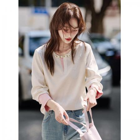 FA41072# 新中式创意盘扣撞色拼接假两件衬衫秋新圆领长袖上衣 服裝批發女裝批發服飾貨源
