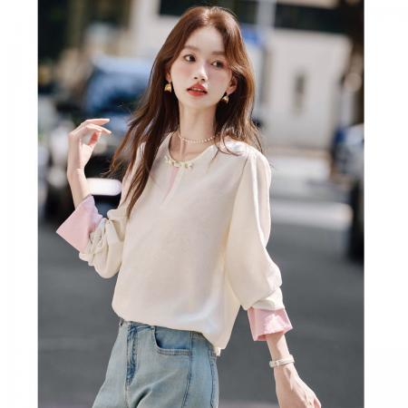 FA41072# 新中式创意盘扣撞色拼接假两件衬衫秋新圆领长袖上衣 服裝批發女裝批發服飾貨源
