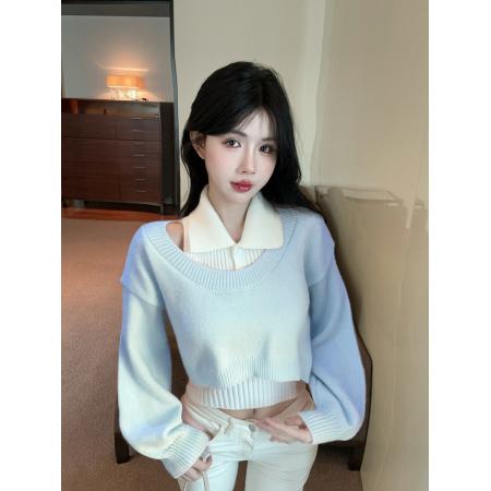 FA41081# 秋季减龄毛衣两件套Polo领背心圆领针织罩衫上衣套装女 服裝批發女裝批發服飾貨源