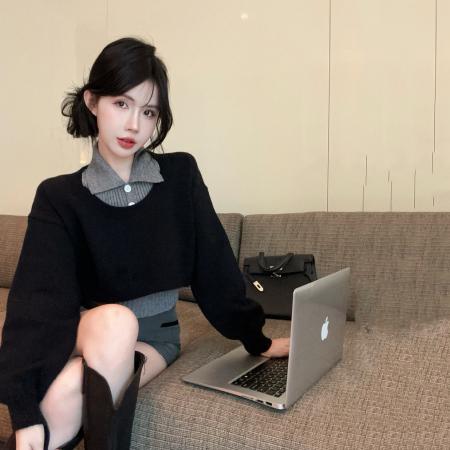 FA41081# 秋季减龄毛衣两件套Polo领背心圆领针织罩衫上衣套装女 服裝批發女裝批發服飾貨源
