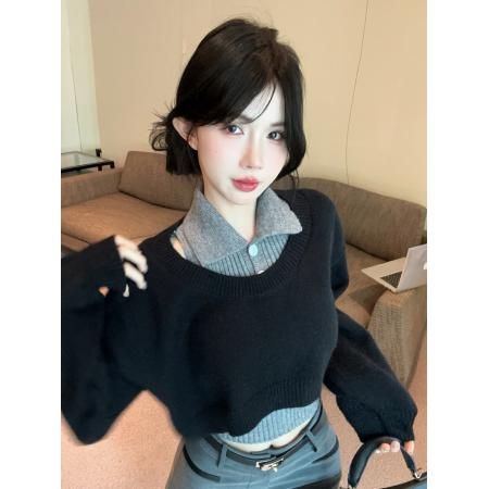 FA41081# 秋季减龄毛衣两件套Polo领背心圆领针织罩衫上衣套装女 服裝批發女裝批發服飾貨源