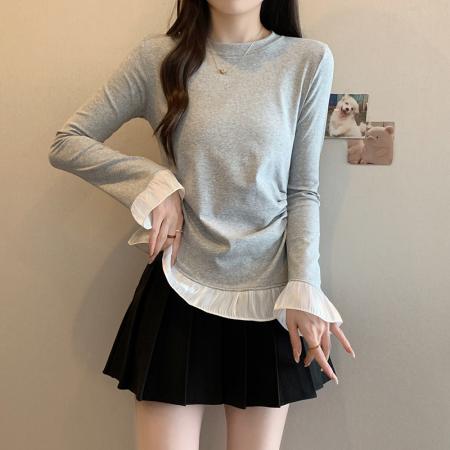 FA41085# 秋装新款胖mm大码女时尚百搭拼接荷叶边打底长袖上衣 服裝批發女裝批發服飾貨源