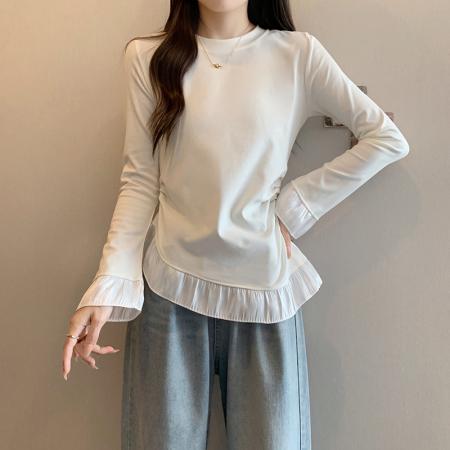 FA41085# 秋装新款胖mm大码女时尚百搭拼接荷叶边打底长袖上衣 服裝批發女裝批發服飾貨源