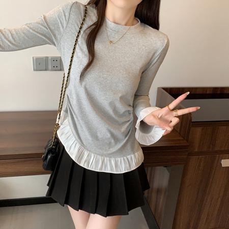 FA41085# 秋装新款胖mm大码女时尚百搭拼接荷叶边打底长袖上衣 服裝批發女裝批發服飾貨源