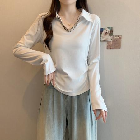 FA41086# 秋装新款胖mm大码女海鸥领褶皱修身长袖打底T恤上衣 服裝批發女裝批發服飾貨源