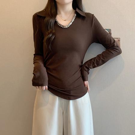 FA41086# 秋装新款胖mm大码女海鸥领褶皱修身长袖打底T恤上衣 服裝批發女裝批發服飾貨源