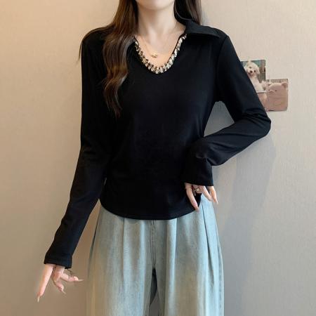 FA41086# 秋装新款胖mm大码女海鸥领褶皱修身长袖打底T恤上衣 服裝批發女裝批發服飾貨源