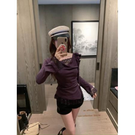 FA41094# 法式纯欲风蕾丝拼接v领紫色上衣女早秋高级感修身显瘦长袖T恤 服裝批發女裝批發服飾貨源