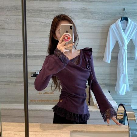 FA41094# 法式纯欲风蕾丝拼接v领紫色上衣女早秋高级感修身显瘦长袖T恤 服裝批發女裝批發服飾貨源