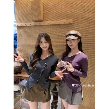 FA41095# 早秋法式不规则木耳边长袖针织衫V领长袖针织衫女百搭显瘦上衣 服裝批發女裝批發服飾貨源