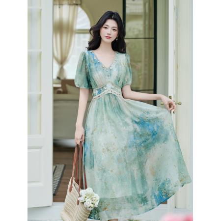 FA41106# 语希上新绿色艺术晕染夏季波西米亚度假连衣裙 服裝批發女裝批發服飾貨源