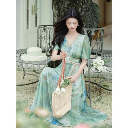 FA41106# 语希上新绿色艺术晕染夏季波西米亚度假连衣裙 服裝批發女裝批發服飾貨源