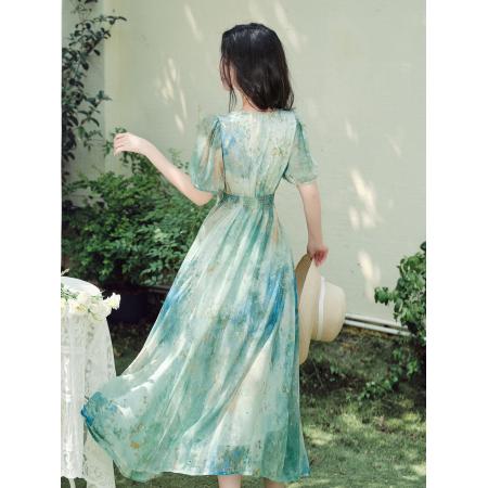 FA41106# 语希上新绿色艺术晕染夏季波西米亚度假连衣裙 服裝批發女裝批發服飾貨源