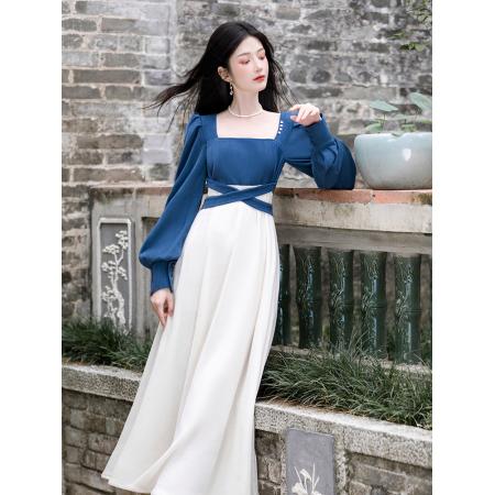 FA41107# 语希魅蓝女神拼接法式复古长袖连衣裙 服裝批發女裝批發服飾貨源