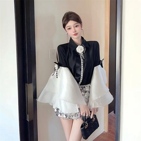 FA41110# 时尚气质大喇叭袖俏皮衬衣 服裝批發女裝批發服飾貨源