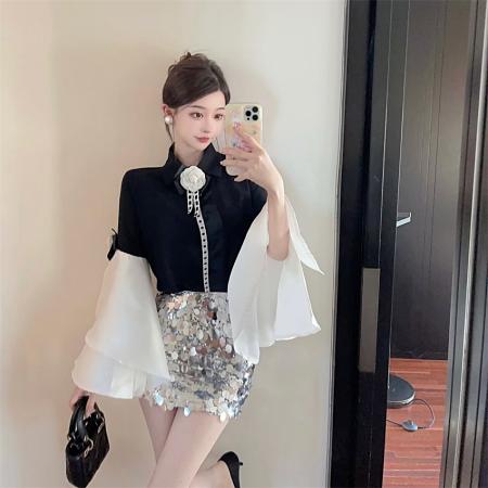 FA41110# 时尚气质大喇叭袖俏皮衬衣 服裝批發女裝批發服飾貨源