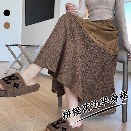 FA41131# 秋新款蕾丝拼接鹿皮绒半身裙女老钱中古风修身显瘦A字中长裙 服裝批發女裝批發服飾貨源