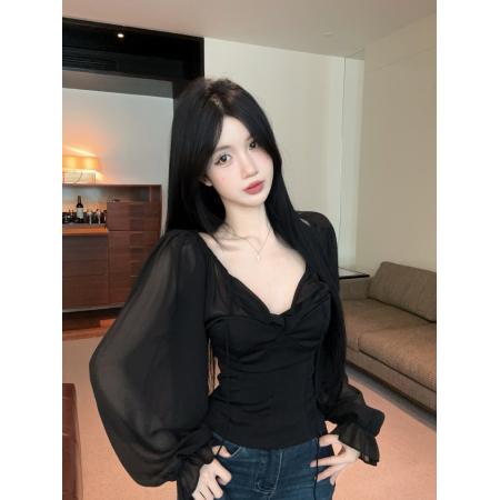 FA41134# 法式辣妹性感网纱拼接长袖T恤系带V领修身塑胸显瘦短款上衣 服裝批發女裝批發服飾貨源