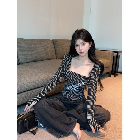 FA41139# 秋季辣妹长袖披肩套装T恤女内搭条纹抹胸背心两件套上衣 服裝批發女裝批發服飾貨源