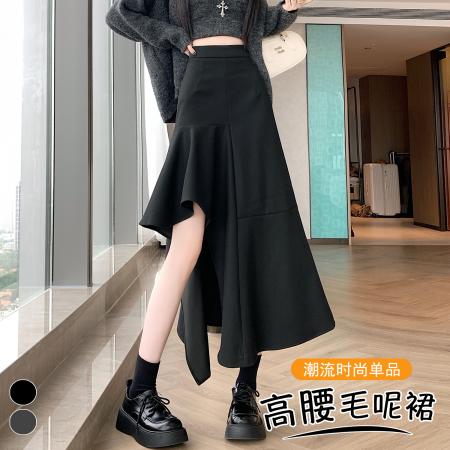 FA41141# 韩版设计感不规则毛呢半身裙秋冬高腰显瘦开叉荷叶边长裙 服裝批發女裝批發服飾貨源