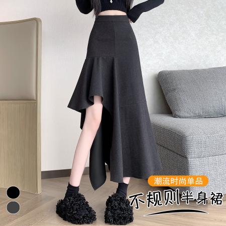 FA41141# 韩版设计感不规则毛呢半身裙秋冬高腰显瘦开叉荷叶边长裙 服裝批發女裝批發服飾貨源