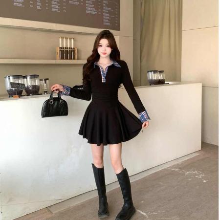FA41147# 新款欧美早秋新款气质法式感收腰显瘦Polo领连衣裙赫本小黑裙 服裝批發女裝批發服飾貨源