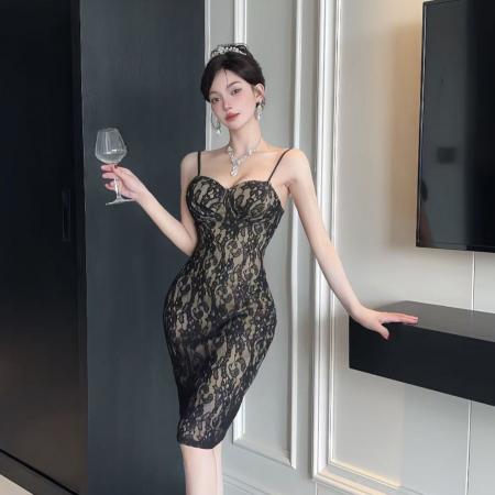 FA41150# 黑色蕾丝吊带连衣裙女夏季性感修身包臀裙气质名媛宴会小礼服 服裝批發女裝批發服飾貨源
