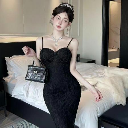 FA41150# 黑色蕾丝吊带连衣裙女夏季性感修身包臀裙气质名媛宴会小礼服 服裝批發女裝批發服飾貨源