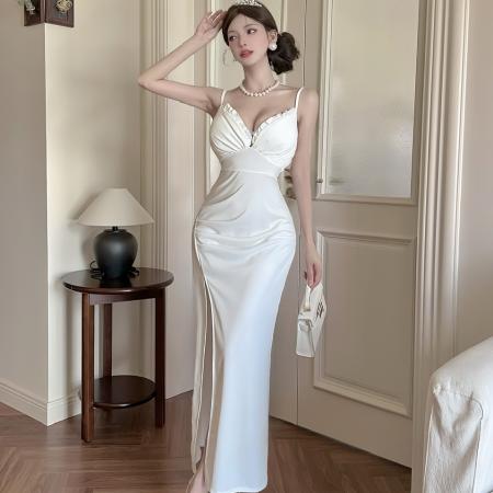 FA41151# 名媛气质性感吊带长裙深V蕾丝边设计黑白两色开叉礼服裙 服裝批發女裝批發服飾貨源
