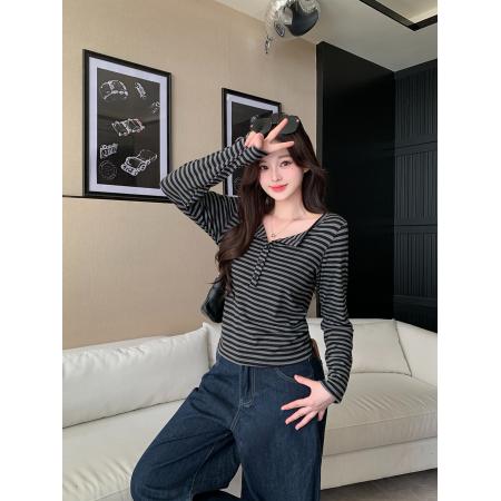 FA41152# 大码女装新款秋季长袖开领长袖纯欲风辣妹T恤上衣 服裝批發女裝批發服飾貨源