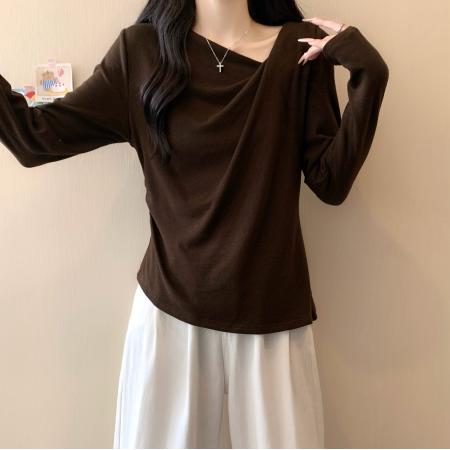 FA41153# 秋季大码女装新款设计感不规则褶皱长袖T恤 服裝批發女裝批發服飾貨源