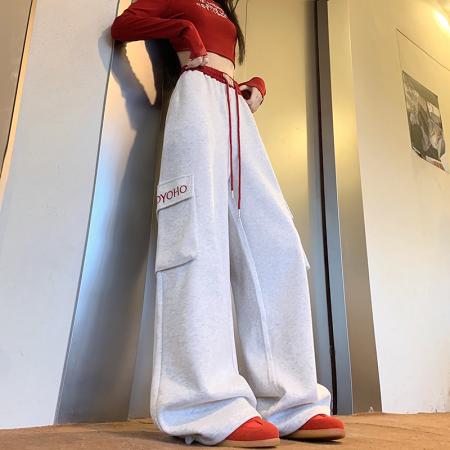 FA41157# 灰色美式运动卫裤女款春秋季直筒休闲裤阔腿工装爵士裤 服裝批發女裝批發服飾貨源