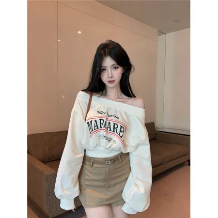 FA41158# 华棉复合秋装卫衣女高腰短款一字领印花 服裝批發女裝批發服飾貨源