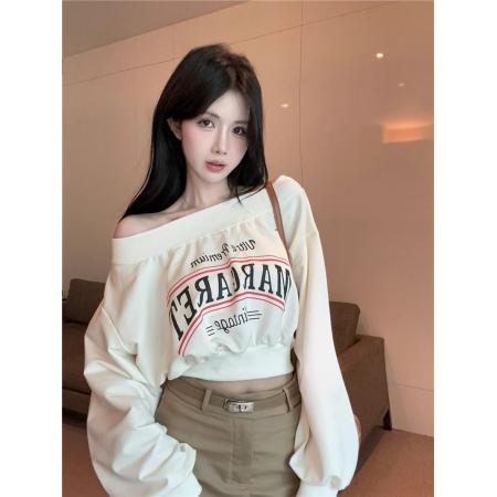 FA41158# 华棉复合秋装卫衣女高腰短款一字领印花 服裝批發女裝批發服飾貨源