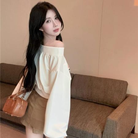 FA41158# 华棉复合秋装卫衣女高腰短款一字领印花 服裝批發女裝批發服飾貨源