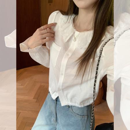 FA41161# 法式白色荷叶领长袖衬衫女秋季新款衬衣小众甜美上衣 服裝批發女裝批發服飾貨源