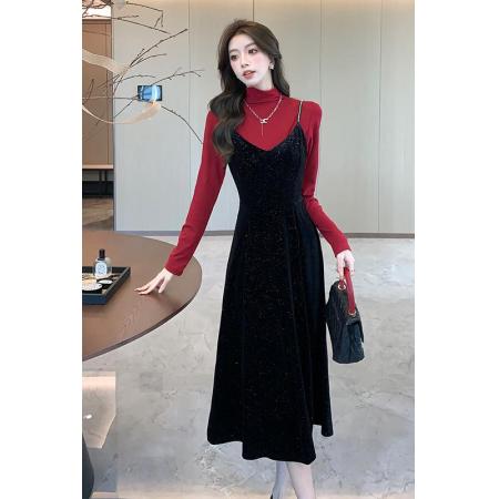 FA41163# 秋冬套装法式复古赫本红色针织打底丝绒裙 服裝批發女裝批發服飾貨源