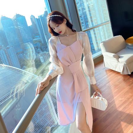 FA41171# 秋通勤拼接蝴蝶结开叉中长连衣裙 服裝批發女裝批發服飾貨源