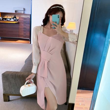 FA41171# 秋通勤拼接蝴蝶结开叉中长连衣裙 服裝批發女裝批發服飾貨源