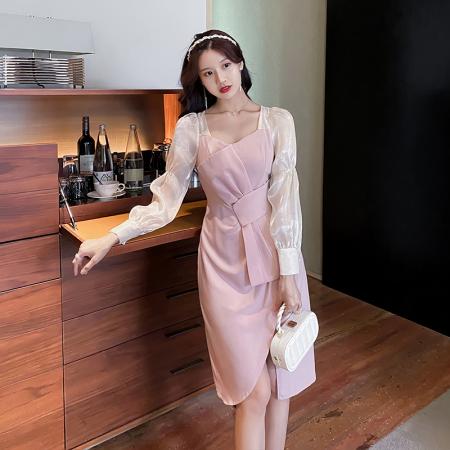 FA41171# 秋通勤拼接蝴蝶结开叉中长连衣裙 服裝批發女裝批發服飾貨源