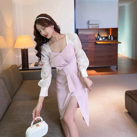 FA41171# 秋通勤拼接蝴蝶结开叉中长连衣裙 服裝批發女裝批發服飾貨源